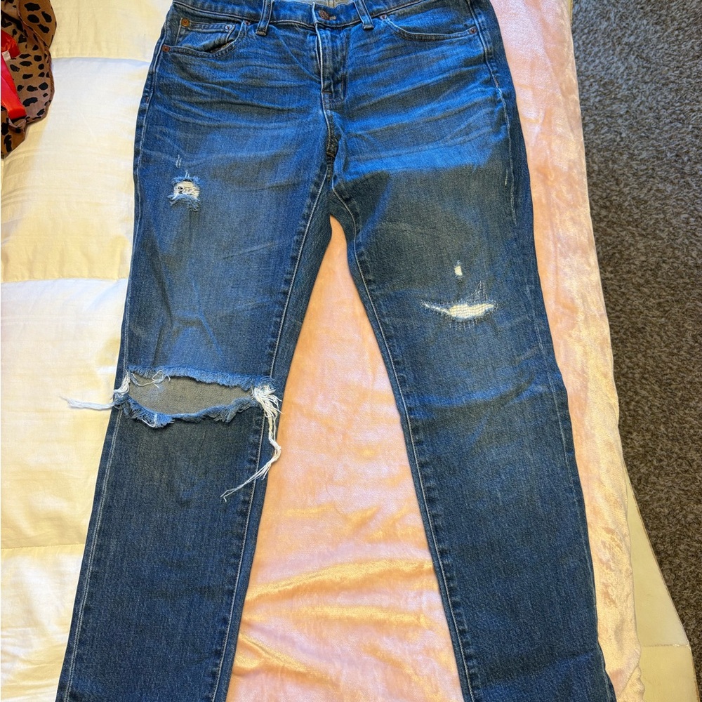 Madewell Distressed Straight Leg Jeans in Dark Blue